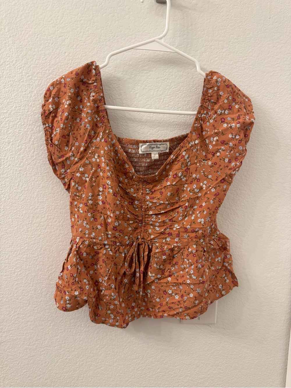 Hippie Rose Rust Floral Peplum Tie-Front Top Small